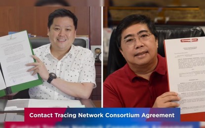 <p><strong>UNIFIED TRACING.</strong> Mayors Rex Gatchalian of Valenzuela City (left) and Joric Gacula II of Taytay virtually sign the contact tracing network consortium agreement on Friday (June 25, 2021). The unified digital contact tracing system that also includes Antipolo, Mandaluyong, and Pasig will be in effect starting June 28. <em>(Screengrab from Valenzuela-PIO Facebook livestream)</em></p>