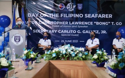 <p><strong>SEAFARERS’ DAY</strong>. Senator Christopher “Bong” Go delivers a message during the celebration of the Day of the Filipino Seafarer on June 25, 2021. Go assured that the administration of President Rodrigo Duterte has been working hard to promote and protect the welfare of overseas Filipino workers. (Contributed photo)</p>