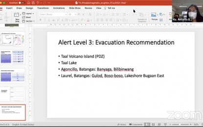 <p><strong>ALERT LEVEL 3. </strong>Phivolcs recommends complete evacuation in some parts of Laurel and Agoncillo in Batangas. Taal Volcano, being under Alert Level 3 (magmatic unrest), may pose hazards of pyroclastic density currents and volcanic tsunami. (<em>Screenshot from virtual briefing on July 1, 2021</em>) </p>