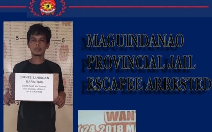 <p><strong>RECAPTURED.</strong> The mug shot of jail escapee Dante Karatuan after his recapture Wednesday afternoon (June 30, 2021) in Barangay Diga, Buluan, Maguindanao. He escaped from the Maguindanao provincial jail in Cotabato City in April this year. <em>(Photo courtesy of Maguindanao PPO)</em></p>