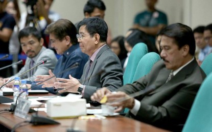 <p><strong>COUNTERPUNCH.</strong> Senator Manny Pacquiao (left) was advised by Senator Ping Lacson and Senate President Tito Sotto (3rd and 4th from left) on Friday (July 2, 2021) to have solid evidence in his corruption allegations. Pacquiao accused the government of anomalies in its Covid-19 response programs. <em>(Senate file photo)</em></p>