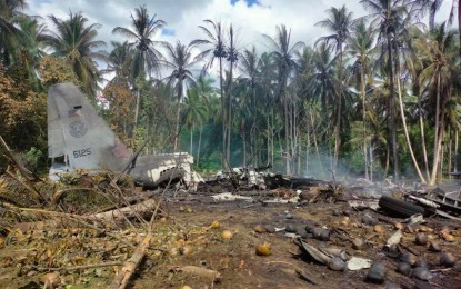 <p><strong>PLANE CRASH.</strong> The crash site in Patikul, Sulu. The death toll from the ill-fated C-130H Hercules plane crash on Sunday (July 4, 2021) has climbed to 50. <em>(AFP photo)</em></p>