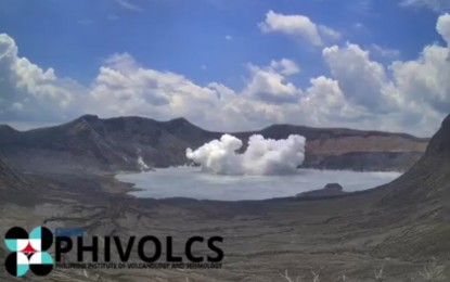 <p><strong>PHREATOMAGMATIC BURST. </strong>The phreatomagmatic burts at the Taal main crater generated a 200-meter dark gray plume at 11:53 a.m. on Wednesday (July 7, 2021).  Alert Level 3 (magmatic unrest) is maintained over the volcano. (<em>Image courtesy of Phivolcs</em>)</p>