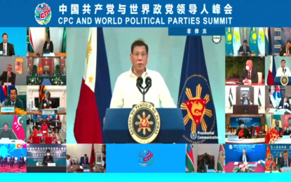 <p><strong>VIRTUAL SUMMIT</strong>. President Rodrigo Roa Duterte speaks during the Communist Party of China (CPC) and World Political Parties Summit via video link on Tuesday (July 6, 2021).  Duterte valued the friendship and ties between CPC and the Philippines’ ruling Partido Demokratiko Pilipino-Lakas ng Bayan (PDP-Laban) which he chairs. <em>(Screengrab from Facebook)</em></p>
