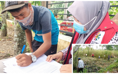 <p><strong>CASH FOR WORK.</strong> An informal sector worker receives his pay from a social worker after serving his community in Cotabato City on Thursday (July 8, 2021). A total of 824 workers benefited from the 10-day cash for work program (inset) by the MSSD-BARMM, each earning PHP2,750 from community work.<em> (Photos courtesy of MSSD-BARMM)</em></p>