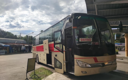 <p><strong>FOILED ATTACK</strong>. The Davao Metro Shuttle Bus at the Kidapawan City terminal after the failed firebomb attack on the unit on July 8, 2021. The city police office has recommended to bus companies plying the city and North Cotabato routes to install CCTV cameras in their units and consider the deployment of marshals inside buses. <em>(Photo courtesy of Kidapawan CPO)</em></p>