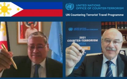 <p><strong>CURBING TERRORIST TRAVEL.</strong> Permanent Representative Enrique Manalo of the Philippine Mission to the United Nations (left) and UN Office of Counter-Terrorism Undersecretary-General Vladimir Voronkov (right) sign the Memorandum of Understanding on the UN Countering Terrorist Travel Programme. The signing ceremony was held virtually on July 7, 2021 with representatives from various Philippine government agencies, UN officials, and international partners also present. (Photo courtesy of Permanent Mission of the Philippines to the United Nations in New York)</p>
