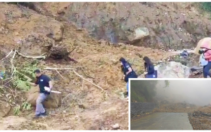 <p><strong>BLOCKED PASSAGE.</strong> Workers of the international NGO Action Against Hunger walk on rock and soil debris following a landslide that cut the road going to Barangay Ilomavis in Kidapawan City on Friday (July 16, 2021). The highway (inset) linking the city proper to the upland village of Ilomavis remains blocked by the landslide caused by heavy rains in the past days. <em>(Photos courtesy of Kidapawan Rescue Team)</em></p>