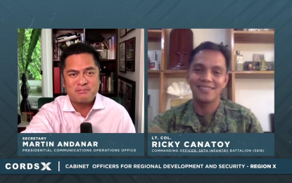<p><strong>UPDATES.</strong> Presidential Communications Operations Office Secretary Martin Andanar (left) and Lt. Col. Ricky Canatoy, commander of the Army's 58th Infantry Battalion in Claveria, Misamis Oriental, give updates on anti-insurgency efforts on Saturday (July 17, 2021). The briefing was livestreamed over the Cabinet Officers for Regional Development and Security-10’s Facebook account. <em>(Screengrab)</em></p>