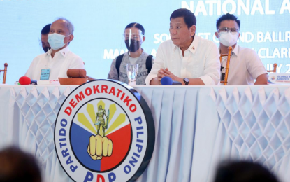 <p><strong>SUPPORT FROM GOVERNORS.</strong> President Rodrigo Roa Duterte attends the national assembly of the Partido Demokratiko Pilipino-Lakas ng Bayan (PDP-Laban) at Royce Hotel in Clark Freeport Zone, Pampanga on July 17, 2021. At least 24 provincial governors have supported the PDP-Laban’s resolution urging Duterte to run for vice president in the 2022 elections. <em>(Presidential photo by Karl Alonzo)</em></p>