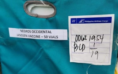 <p><strong>SINGLE-DOSE JABS</strong>. A box containing a portion of the 14,000 vials or 70,000 doses of Johnson & Johnson’s (J&J) single-dose Janssen Covid-19 vaccines received by Negros Occidental from the national government on Monday (July 19, 2021). These will be rolled out across the province from July 26-30. <em>(Photo courtesy of CAAP Bacolod)</em></p>