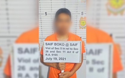 <p><strong>MUGSHOT</strong>. Saif Boko, one of the five drug suspects arrested in a buy-bust operation in Angeles City, Pampanga on Monday (July 19, 2021). A total of PHP1.7 million worth of illegal drugs were confiscated from the suspects.<em> (Photo by PRO-3)</em></p>