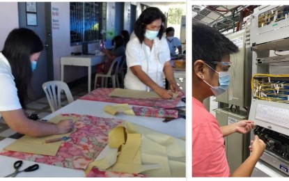 <p><strong>MORE KNOWLEDGE, MORE OPPORTUNITIES.  </strong>Former overseas Filipino workers (OFWs) Rommellie Torrefiel (left) and Bryan Gloria take Dressmaking, and Telecom OSP Fiber Optic course in the Technical Education and Skills Development Authority (TESDA), respectively. The two are thankful for the free courses from the government. (<em>Photos courtesy of Rommellie Torrefiel and Bryan Gloria</em>) </p>