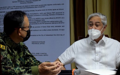 <p><strong>AID FOR RETIRED COPS.</strong> Col. Jaime Santos, director of the Nueva Ecija Police Provincial Office (left) and Jojo Gallego, president of Manuel V. Gallego Foundation Colleges in Cabanatuan City, Nueva Ecija sign an agreement on Thursday (July 22, 2021) giving dependents of police retirees in the province a 50-percent discount on tuition. The school has strong Information Technology infrastructure and internet connections for stable online learning amid the pandemic, Gallego said. <em>(Contributed photo)</em></p>