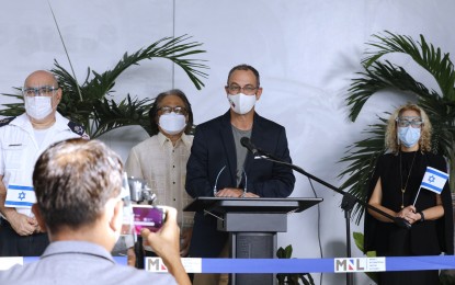 <p><strong>ISRAELI EXPERTS</strong>. Dr. Guy Chosen, the Israeli delegation head, delivers a speech upon their arrival at the Ninoy Aquino International Airport on Monday (July 26, 2021). The four-member team will be in the Philippines until July 31 to share Israel's best practices on Covid-19 response. <em>(PNA photo by Joey Razon)</em></p>