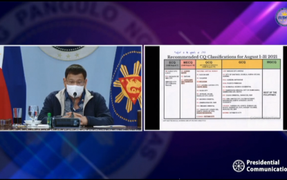 <p><strong>EXTENDED.</strong> President Rodrigo Duterte approves the recommendation to extended general community quarantine “with heightened restrictions” in Metro Manila and 19 other areas during his Talk to the People at the Malago Clubhouse in Malacañang Park on Wednesday night (July 28, 2021). The decision was made after the Inter-Agency Task Force for the Management of Emerging Infectious Diseases (IATF-EID) observed an increase in the daily attack rate, two-week average attack rate, and health care utilization rate in the country’s metropolis.<em> (Screengrab from RTVM)</em></p>