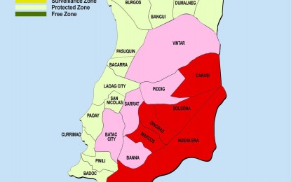 <p><strong>ASF AREAS</strong>. Map showing the ASF zoning status of Ilocos Norte. As of Monday (August 2, 2021), Ilocos Norte has recorded around PHP40 million losses due to ASF. (<em>Image courtesy of the Provincial Government of Ilocos Norte</em>) </p>