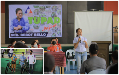 <p><strong>AID FOR DISADVANTAGED WORKERS.</strong> North Cotabato Governor Nancy Catamco speaks to the TUPAD beneficiaries during the activity held Wednesday (Aug. 4, 2021) in Kabacan, North Cotabato, telling them that the government is always ready to extend help to anyone in need, especially those whose sources of livelihood were affected by the pandemic. Several bicycles, courtesy of the office of Sen. Christopher "Bong" Go, were also raffled and awarded to lucky winners. <em>(Photo courtesy of North Cotabato PIO)</em></p>