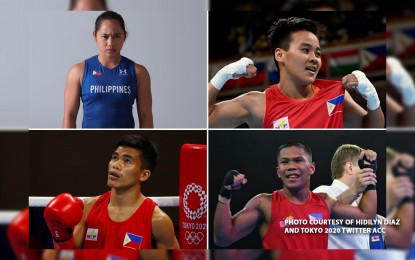 <p><em>(clockwise)</em> Tokyo Olympics medalists Hidilyn Diaz, Nesthy Petecio, Carlo Paalam, and Eumir Marcial</p>