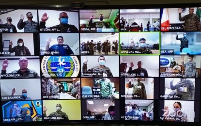 <p><strong>PLEDGE OF COMMITMENT.</strong> Human rights officers and personnel led by Armed Forces of the Philippines Center for Law of Armed Conflict director Brig. Gen. Joel Alejandro Nacnac recite the pledge of commitment to International Human Law in a virtual ceremony on Monday (Aug. 28, 2021). Nacnac represented AFP chief of staff Lt. Gen. Jose Faustino Jr. <em>(Photo courtesy of AFP)</em></p>