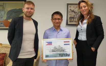 <p><strong>ONE IN A MILLION</strong>. The Monday Media Production team represented by Geraldine Lamberta Smink and Gerard Bernard Oostveen pays a courtesy call on Philippine Ambassador J. Eduardo Malaya (center) on Aug. 16, 2021. The two presented a citation which reads: “The Philippines: It is a one in a million location for filming all reality shows. Looking forward to a wonderful new long-term cooperation!”<em> (Photo by the Philippine Embassy in The Netherlands)</em></p>