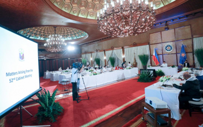 <p><strong>CABINET MEETING</strong>. President Rodrigo R. Duterte presides over the 53rd Cabinet Meeting at the Malacañan Palace on March 3, 2021. Malacañang on Tuesday (Aug. 17) said the Duterte administration is seeking passage of a proposed PHP5.024 trillion national budget for next year to sustain its response to the Covid-19 pandemic. <em>(Presidential photo)</em></p>