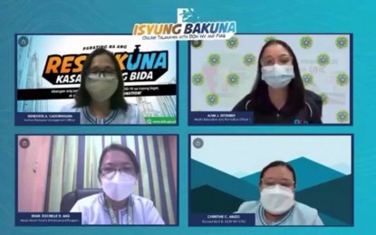 <p><strong>RISK ALLOWANCE</strong>. Officers of the Department of Health Western Visayas Center for Health Development (DOH WV CHD) answer queries on the Special Risk Allowance (SRA) of frontline health workers in a virtual presser in Iloilo City on Tuesday (Aug. 17, 2021). Accountant III Christine C. Abuzo (lower right) said that over PHP680 million have been transferred to local government units (LGUs) and private health workers in the region. <em>(PNA photo screenshot from virtual presser)</em></p>