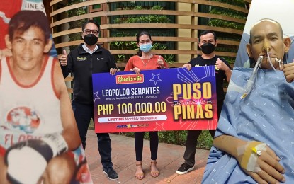 <p><strong>OLYMPIC MEDALIST. </strong>Leodelia Serantes (center) receives a lifetime P100,000 assistance from Chooks-to-Go president Ronald Mascariñas (left) for her father 1988 Seoul Olympics bronze medalist Leopoldo Serantes (inset photos) in this undated photo. Leopoldo passed away at around 8:30 Wednesday. He was 59 years old.<em> (Photo courtesy of Chooks-to-Go)</em></p>