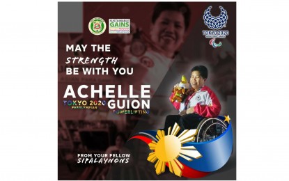 <p><strong>WELL WISHES</strong>. The City of Sipalay in Negros Occidental sends its support to powerlifter Achelle Guion’s quest for a medal in the 2020 Paralympic Games in Tokyo, Japan. Guion, who hails from the city’s Barangay San Jose, will compete in the women's -45kg. division finals on Aug. 26, 2021.<em> (Image courtesy of LGU Sipalay City)</em></p>