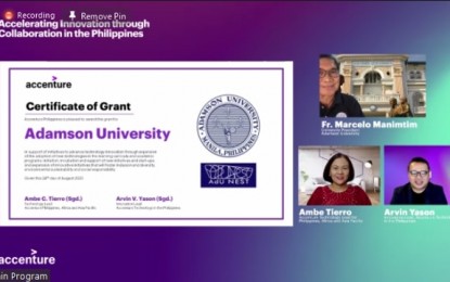 <p><strong>SPEEDING UP TECH INNOVATION</strong>. Accenture awards the Certificate of Grant to Adamson University, one of the 10 academic institutions that received funding from the business process outsourcing firm to accelerate technology innovation in the country. Accenture awards the grants to the universities and academic institutions in a virtual ceremony on Aug. 24, 2021. <em>(Screenshot from Accenture's virtual event)</em></p>