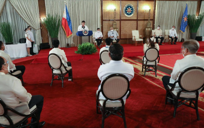 <p><strong>PAGCOR’S ROLE</strong>. President Rodrigo R. Duterte delivers his speech during the awarding of incentives to the medalists in the 2020 Tokyo Olympics and other athletes at the Malacañang Palace on Aug. 23, 2021. Philippine Sports Commission Chairman William Ramirez acknowledged the vital role that the Philippine Amusement and Gaming Corporation played in the country's historic finish in Tokyo.<em> (Presidential photo by Toto Lozano)</em></p>