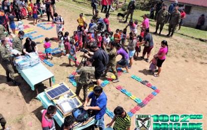 <p><strong>OUTREACH</strong>. Indigenous people or tribal residents of Sitio Sulop, Barangay San Juan in Malungon town, Sarangani province line up for various assistance in an outreach/community pantry activity on August 19, spearheaded by the Army’s 1002nd Brigade. Some 59 Blaan households benefited from the program, receiving food packs, PHP3,000 cash assistance each, five solar panels, 200 pairs of slippers, basketballs, assorted candies, chocolates, and biscuits. (<em>Photo courtesy of the 1002<sup>nd</sup> Brigade</em>) </p>