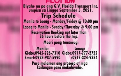 <p><strong>BACK ON THE ROAD.</strong> The G.V. Florida bus company is now ready to accept passengers via the Manila-Laoag route and vice versa starting Sept. 5, 2021. The entry of returning residents to Ilocos Norte via public transport will be processed at the Badoc gateway provincial border where a negative result of RT-PCR is required including an acceptance letter from the local government unit of destination. <em>(Image courtesy of G.V. Florida)</em></p>