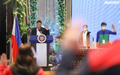 <p><strong>NAT’L CONVENTION</strong>. President Rodrigo Roa Duterte graces the national convention of the Partido Demokratiko Pilipino-Lakas ng Bayan (PDP-Laban) and proclamation of candidates for the 2022 national and local elections in San Fernando City, Pampanga on Wednesday (Sept. 8, 2021). Duterte formally accepted his nomination as the official vice presidential candidate of the ruling party to ensure the “continuity” of his efforts to bring progress to the country. <em>(Presidential photo by Karl Norman Alonzo)</em></p>