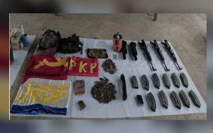 <p><strong>SEIZED FIREARMS</strong>. Three AK-47 rifles are among the war materiel seized by Army soldiers in a series of encounters with New People’s Army rebels in the hinterlands of Nasipit and Buenavista towns in Agusan del Norte on Sept. 4 and 6, 2021. The Army’s 23rd Infantry Battalion called on remaining NPA rebels in the area to surrender and avail of the programs and services of the government.<em> (Photo courtesy of 23IB)</em></p>