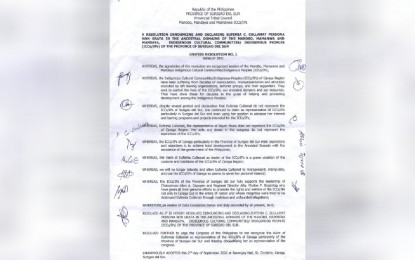 <p>Unified resolution declaring Bayan Muna party-list Representative Eufemia Cullamat 'persona non grata' (<em>Photo courtesy of Manobo, Mamanwa and Mandaya ICC/IP of Surigao del Sur)</em></p>