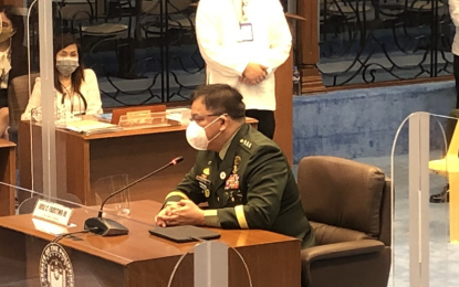 <p><strong>CA CONFIRMATION</strong>. Armed Forces of the Philippines chief-of-staff, Lt. Gen. Jose Faustino Jr., answers queries during his confirmation hearing at the Commission on Appointments on Wednesday (Sept. 15, 2021). Faustino said he and other confirmed military officers will prove to the Filipino people that they are worthy of living up to the ranks bestowed upon them by the national government. <em>(Photo courtesy of AFP)</em></p>