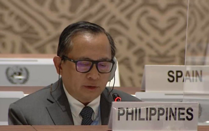 <p><strong>PH SUPPORT.</strong> Ambassador Evan P. Garcia, Permanent Representative of the Philippines to the UN and other International Organizations in Geneva, delivers the Philippine Statement during the High-level Ministerial Meeting on the Humanitarian Situation in Afghanistan at the Palais des Nations, Switzerland on Sept. 13, 2021. Garcia announced the Philippines’ financial contribution to the Flash Appeal of the United Nations Office for the Coordination of Humanitarian Affairs (OCHA) to address the immediate humanitarian gaps in Afghanistan.<em> (DFA photo)</em></p>