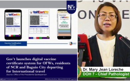 <p><strong>VAXCERTPH.</strong> Right photo shows Department of Health (DOH)-Central Visayas chief pathologist Dr. Mary Jean Loreche providing daily briefing on vaccination in Central Visayas. Loreche on Wednesday (Sept. 15, 2021) urged LGUs in Cebu to fast-track downloading of vaccinees' data in preparation for the national rollout of the digital vaccine certificate (VaxCertPH) on Sept. 20. <em>(Infographic courtesy of National Task Force against Covid-19)</em></p>