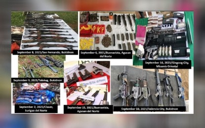<p><strong>SEIZED.</strong> Firearms and ammunition seized by different units of the Army's 4th Infantry Division from recent encounters against communist groups in the Caraga and Northern Mindanao regions are shown in this collage photo. Maj. Gen. Romeo S. Brawner Jr., the 4ID commander, said on Saturday (Sept. 18, 2021) there is low morale among communist terrorists because of surrenders, capture, and deaths among their ranks. <em>(Photo courtesy of 4ID)</em></p>