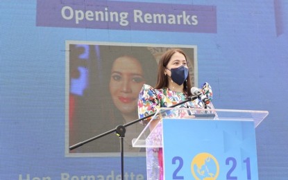 <p><strong>TRAVEL TRADE EVENT.</strong> Tourism chief Bernadette Romulo-Puyat during the opening of the Philippine Travel Exchange (PHITEX) 2021 at the ACEA Subic Beach Resort in the Subic Bay Freeport Zone. The event runs from Sept. 20 to 23, 2021 with the theme “Beyond Business: Co-creating Safe, Smart, and Sustainable Tourism”.<em> (Photo courtesy of TPB Philippines)</em></p>