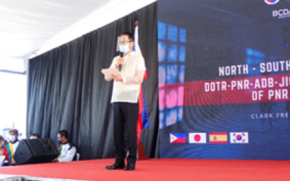 <p><strong>RAILWAY EXTENSION</strong>. Ambassador Koshikawa Kazuhiko speaks during a site inspection at the soon-to-rise Clark International Airport Station in Mabalacat, Pampanga on Sept. 18, 2021. The event marks the start of construction for the North-South Commuter Railway Extension (NSCR-Ex) project. <em>(Photo by Japanese Embassy in Manila)</em></p>