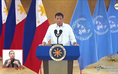 <p>President Rodrigo Duterte at the 76th UN General Assembly<em> (Screengrab from RTVM)</em></p>