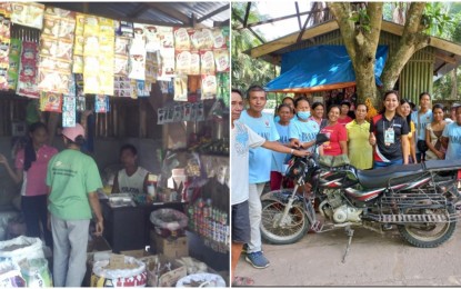 <p><strong>FARMERS' BIZ.</strong> Left photo shows the general merchandise and agricultural and veterinary supplies store of the Uswag Casala-an Sustainable Livelihood Program Association in Siaton, a conflict-affected town in Negros Oriental. In the right photo, the farmers, who are now businessmen, pose with their motorcycle used for deliveries and purchasing of their products. <em>(Photo courtesy of DSWD-7)</em></p>
