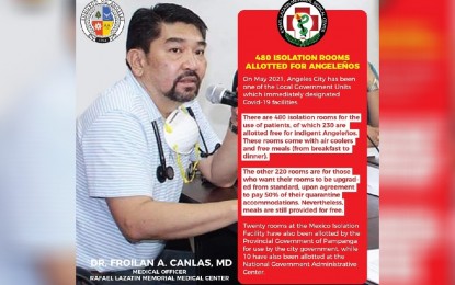 <p><strong>NO HOME QUARANTINE.</strong> The city government of Angeles in Pampanga is strictly implementing the “no home quarantine” policy for Covid-19 patients to avoid transmission of the virus among household members. Dr. Froilan Canlas, chief of the Rafael Lazatin Memorial Medical Center (RLMMC), said on Wednesday (Sept. 22, 2021) only bedridden Covid-19 patients are allowed to undergo home quarantine, to be strictly monitored by RLMMC health workers. <em>(Photo courtesy of the City Government of Angeles)</em></p>