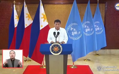 <p>President Rodrigo Duterte speaking at the 76th UN General Assembly<em> (Screengrab from RTVM)</em></p>