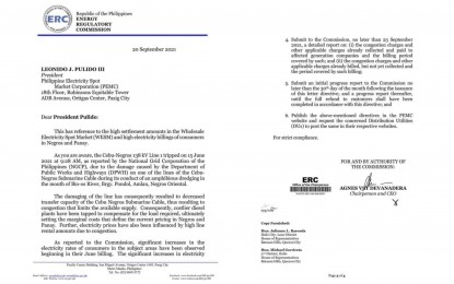 <p><strong>ERC INTERVENTION</strong>. Portions of the four-page letter of Energy Regulatory Commission chairperson and chief executive officer Agnes Devanadera to Philippine Electricity Spot Market Corp. president Leonido Pulido III dated Sept. 20, 2021 calling his attention to the issue of the high settlement amounts in the market, and the high electricity billings of consumers in Negros and Panay. The ERC intervention came after the electric cooperatives’ coordination meeting with the agency, Department of Energy, National Electrification Administration, and the National Grid Corp. of the Philippines last week<em>. (Images courtesy of Central Negros Electric Cooperative)</em></p>