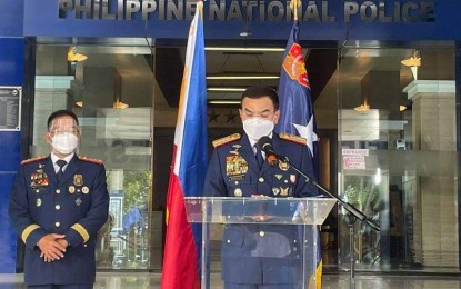 <p><strong>POLICE SERVICE ANNIVERSARY.</strong> PNP chief, Gen. Guillermo Eleazar, delivers his speech during the 120th Police Service Anniversary in Camp Crame, Quezon City on Thursday (Sept. 23, 2021). Eleazar urged police officers to learn from the accomplishments and rise from misdeeds in order to live up to the public's high expectation for public service.<em> (Photo courtesy of PNP PIO)</em></p>
