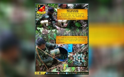 <p><strong>NPA CACHE SEIZED</strong>. Government troops seize an explosives and ammunition cache of the New People’s Army (NPA) in Sitio Madaraki, Barangay Umiray in General Nakar town, Quezon province on Tuesday (Sept. 28, 2021). Col. Cerilo C. Balaoro Jr., commander of the 202nd Infantry Brigade, said the operation was launched based on information provided by former rebels previously operating in the area. (<em>Photo from the 202IB)</em></p>