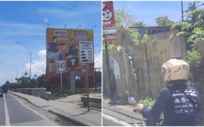 <p><strong>ROAD SIGNS</strong>. Left photo shows road signs installed near a huge advertising tarpaulin at the Cebu South Coastal Road in Talisay City while right photo shows a "merging traffic" sign at the South National Highway that is no longer visible to the motorists. Cebu Provincial Board Member Glenn Anthony Soco on Thursday (Sept. 30, 2021) appealed to DPWH-7 to look into road signs and pavement markings that need immediate maintenance to make them more visible to road users and prevent accidents from happening. <em>(PNA photo by John Rey Saavedra)</em></p>